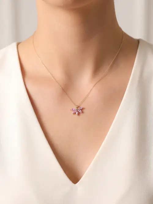 14 Ayar Altın Pembe Taşlı Kolye