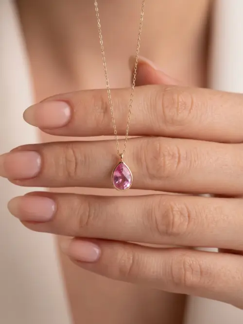 14 Ayar Altın Pembe Damla Taş Kolye